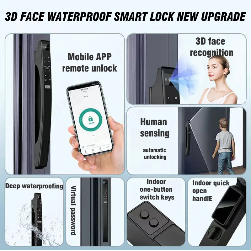 PHIPULO Tuya WiFi Smart Door Lock Electronic Lock 3D Face Unlock Password Key IC Card Fingerprint Unlock Sliding Door Lock