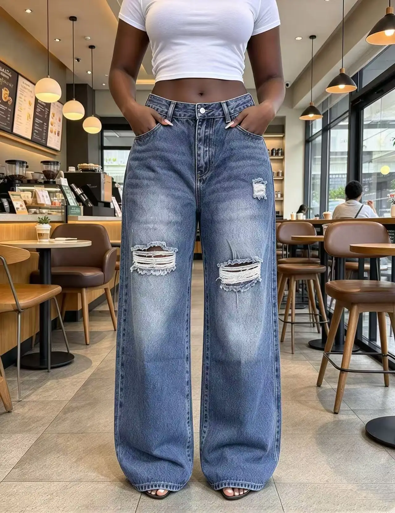 Women's Spring Autumn Light Blue Washed Wide Leg Denim Pants High Waist Whiskering Hide Fat Versatile Loose Ripped Denim Long Trousers