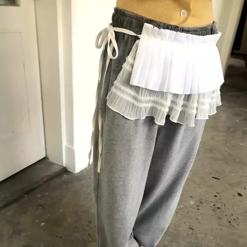 موضة الهيب هوب طبقة وتتسابق مطوي تنورة الحلو شبكة تكدرت حافة حزام Y2K قميص موسع الدانتيل يصل وشاح الورك الجينز ديكور