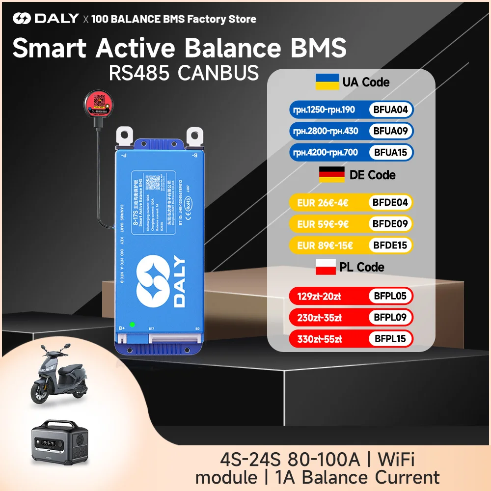 

DALY 100 Smart WIFI BMS 4S 12V 8S 24V 16S 48V 80A 100A 1A Active Balancer Built In Bluetooth RS485 CANBUS for Lifepo4 Li-ion LTO