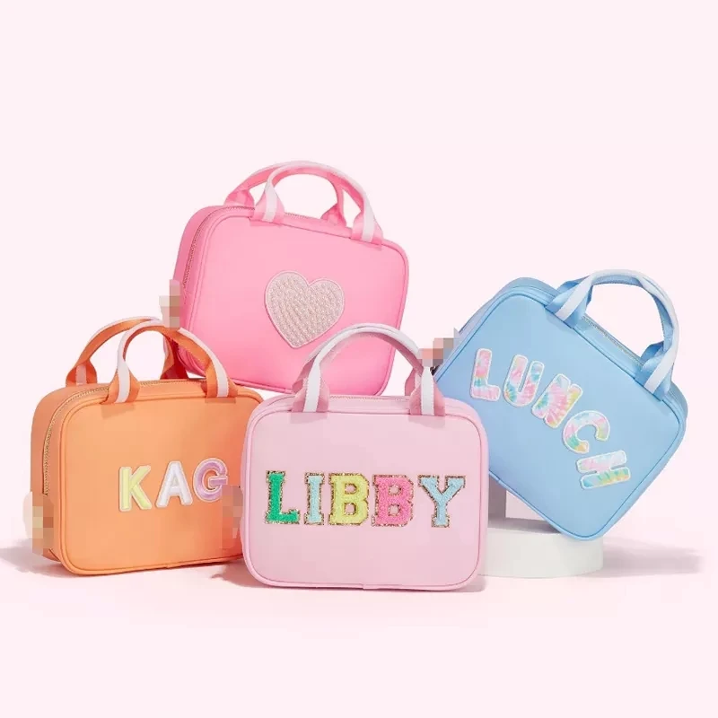 RTS Stock Nylon Portable Waterproof Personalized Chenille Patches Custom Girls Kids School Insulated Cooler Lunch Totes Box