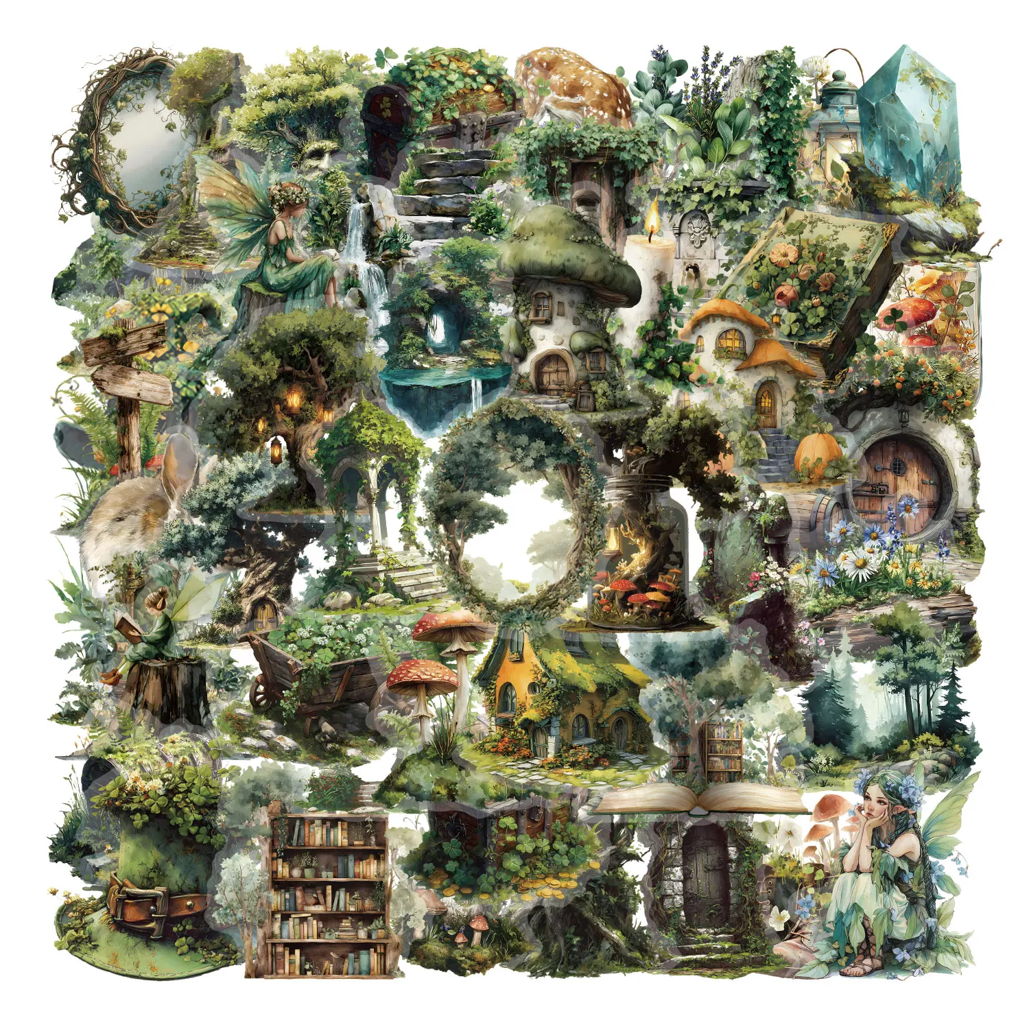 50 pegatinas transparentes 2D de PET verde bosque para teléfono, portátil, maleta, monopatín, pegatinas estéticas DIY