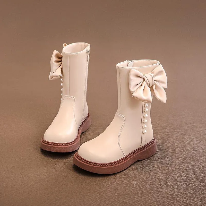 Girls' Shoes Fashion Princess High Top Boots Girls Leather Waterproof Plus Velvet Warm Snow Boots Children Bow Design Long Boots