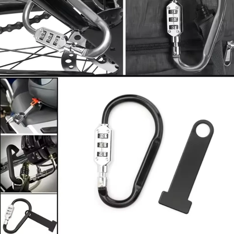 Adjustable Helmet Lock for Motorcycles with Carabiner-Style Loop, Hand-Tightened Bracket and Tool-Free Parked Storage Mount