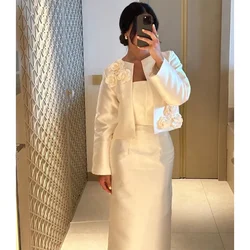 Customized Elegant Satin 2 Piece Evening Dresses Flowers Long Sleeves Prom Dress 2026 Ankle Length Formal Party Dresses