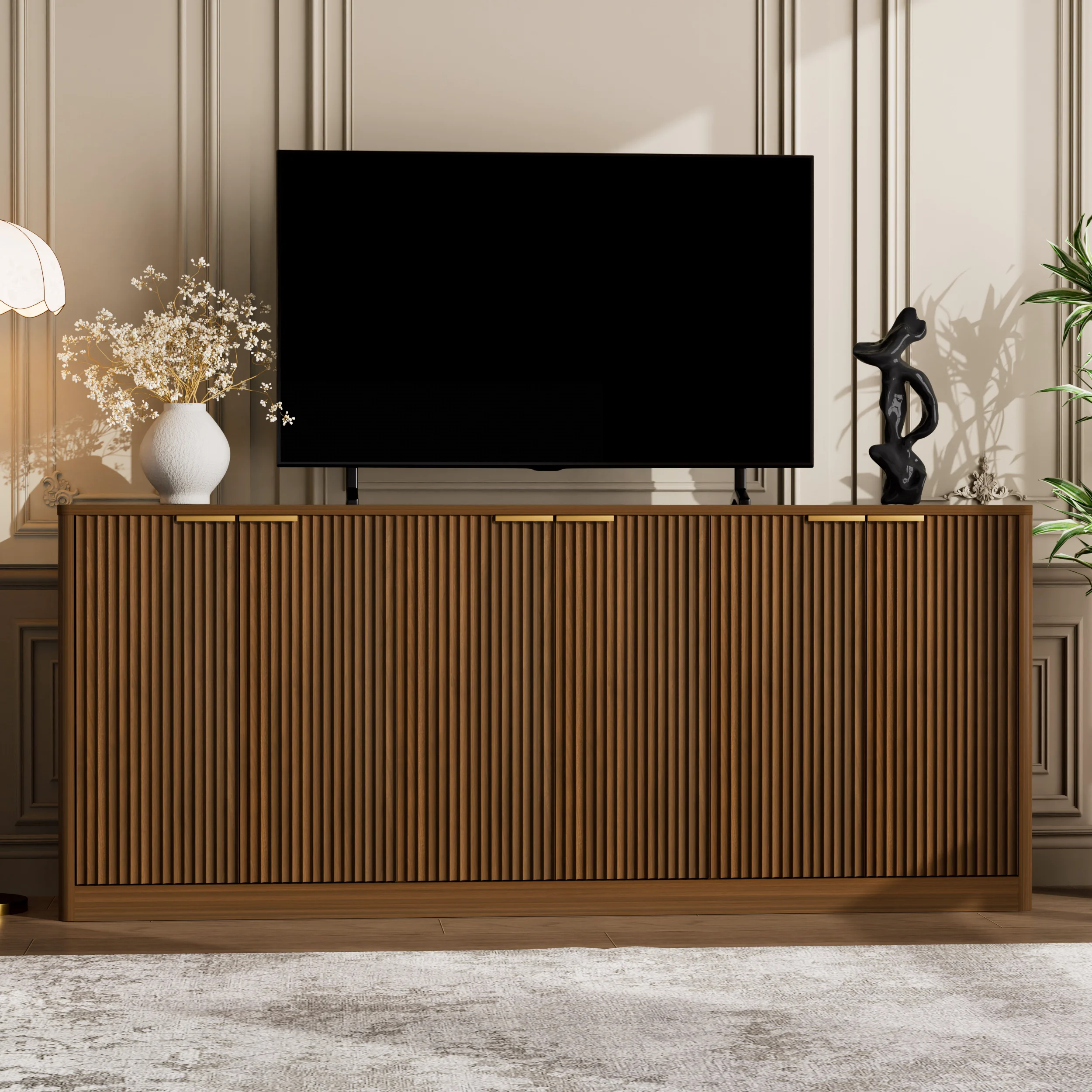 !@OE HOME 67-inch Modern Wavy Sideboard Curved Contour Design 6-Door Storage Cabinet Large Capacity Easy Assembly for Living Roo