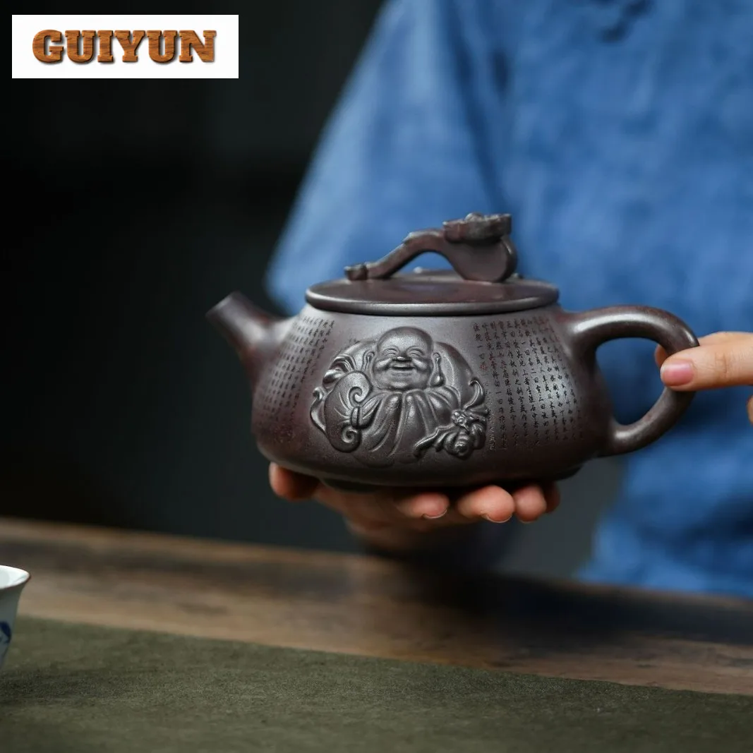 420ml Yixing Purple Clay Teapots Handmade Ruyi Stone Scoop Pot Raw Ore Wood-fired Porcelain Section Mud Tea Brewing Kettle Zisha