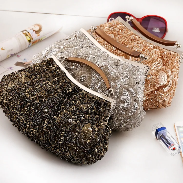 Vintage Sequin Beaded Handbags For Women Wedding Party Bridal Clutches Evening Bag Fashion Retro Chain Crossbody Shoulder Bag