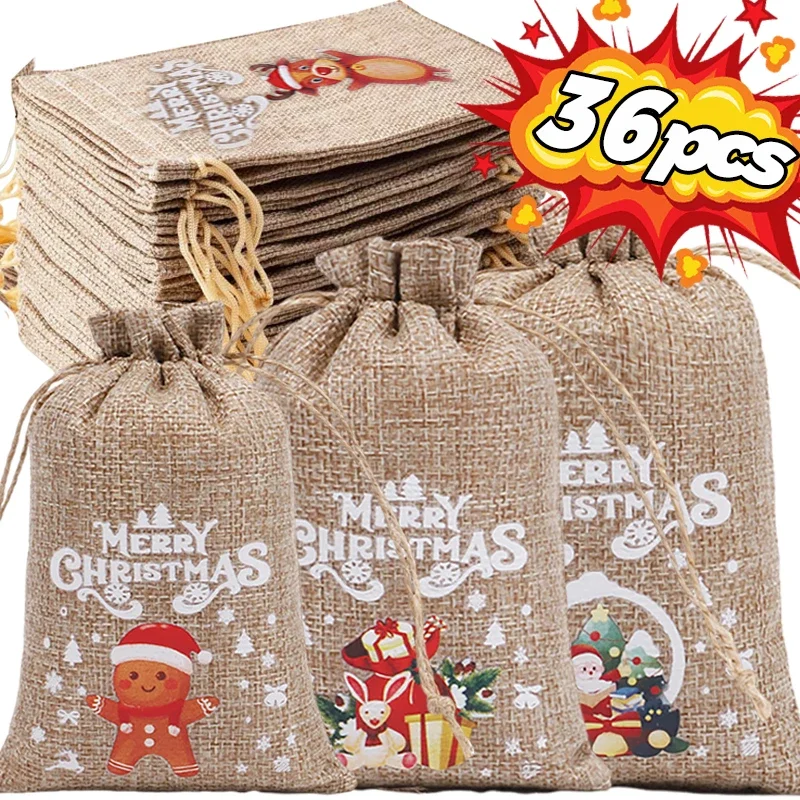 36-1PC Weihnachten Leinen Kordelzug Taschen Süßigkeiten Kekse Beutel Sackleinen Armband Schmuck Lagerung Tasche Weihnachten Kinder Geschenke Verpackung taschen