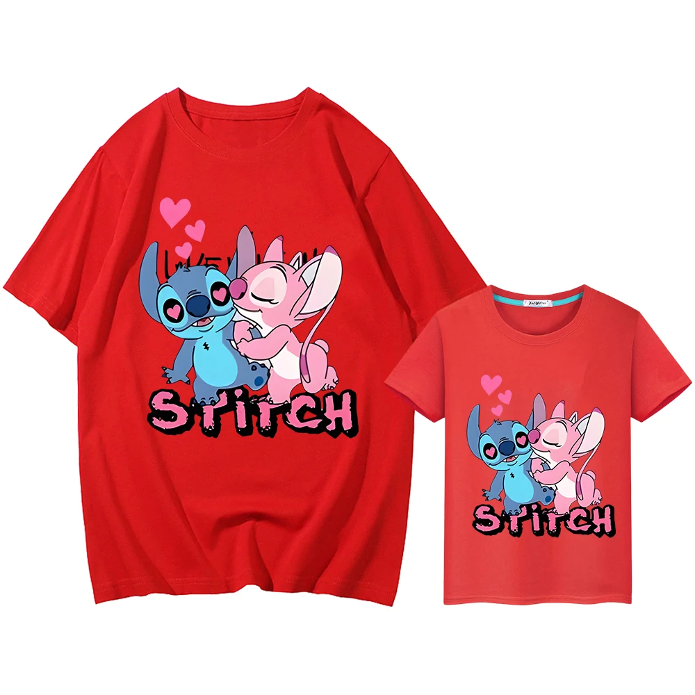 Stitch Disney mom and daughter matching clothes t shirt for kids boy 10years Print 100%Cotton Short Kawaii girls anime Tops y2k