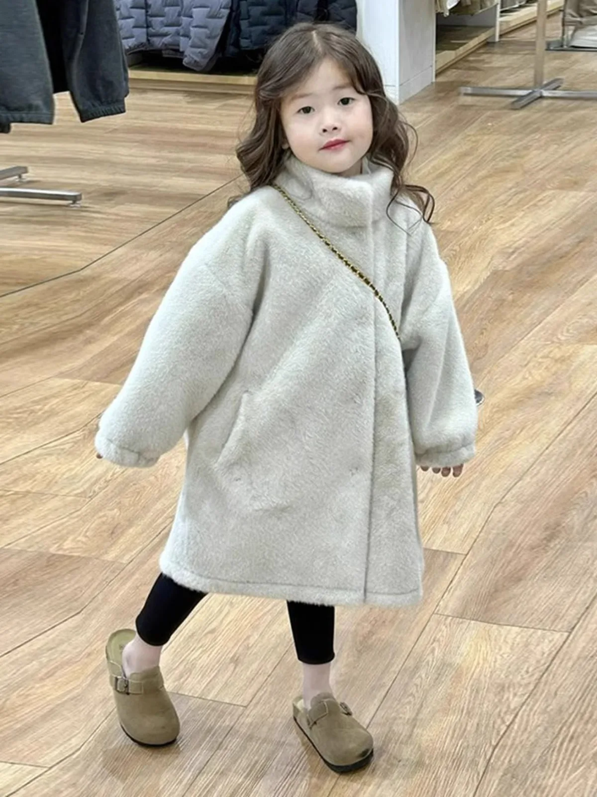 Girls Long Coat 2024 Winter New Semi-turtleneck Imitation Fur Thick Coat Girls Mid-length Warm Coat Korean Simple Style Clothes