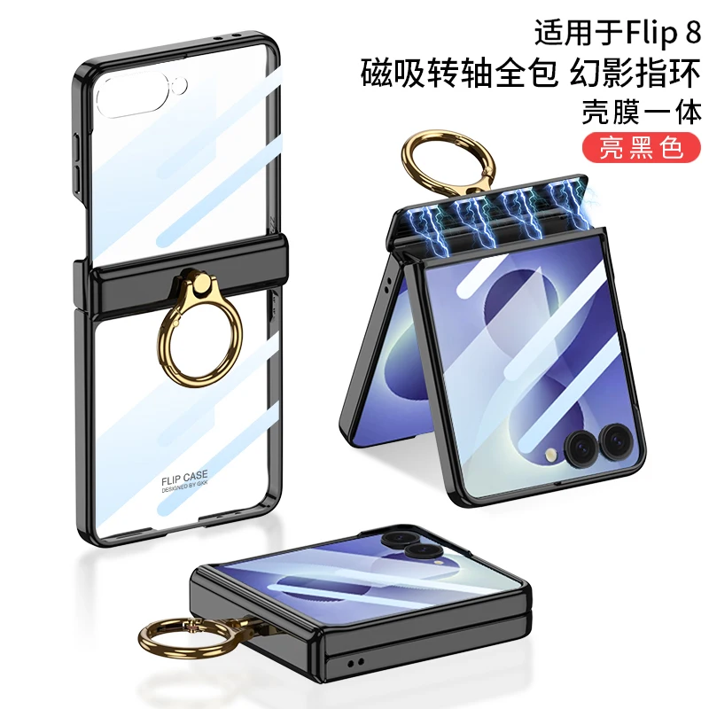 Funda de lujo electroplateada transparente para Samsung Galaxy Z Flip 8 con anillo y espejo, protección de bisagra 6