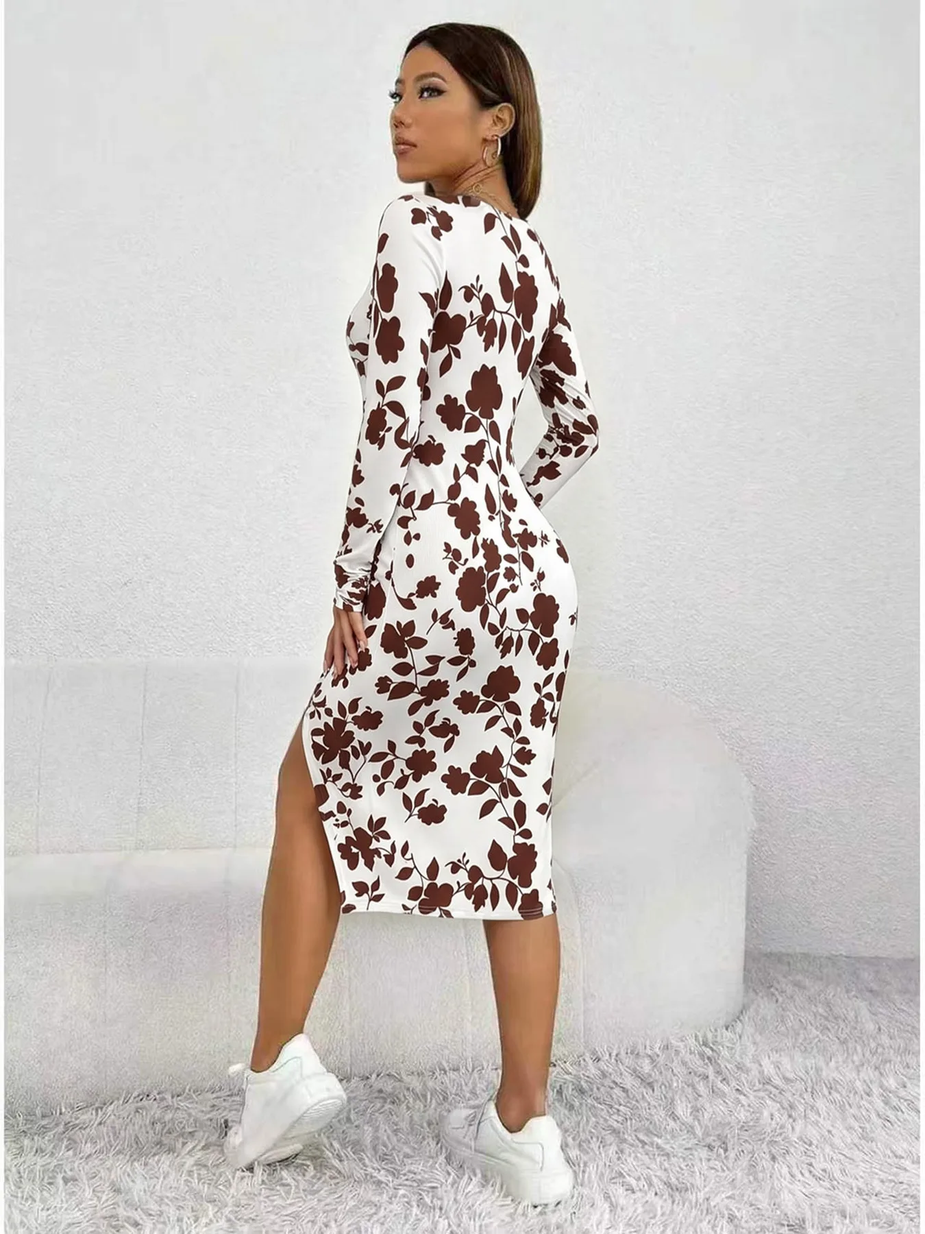 Women's Floral Leaf Print Square Neck Dress Casual Comfortable Long Sleeve Waist Cinched Long Skirt with Slit