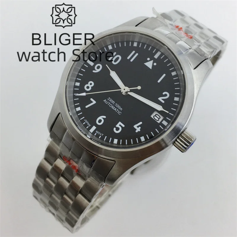 BLIGER 36mm 39mm NH35A Automatic Mechanical Dive Pilot Fashion Watch For Men\'s Dome Sapphire Glass Stainless Steel Bracelet