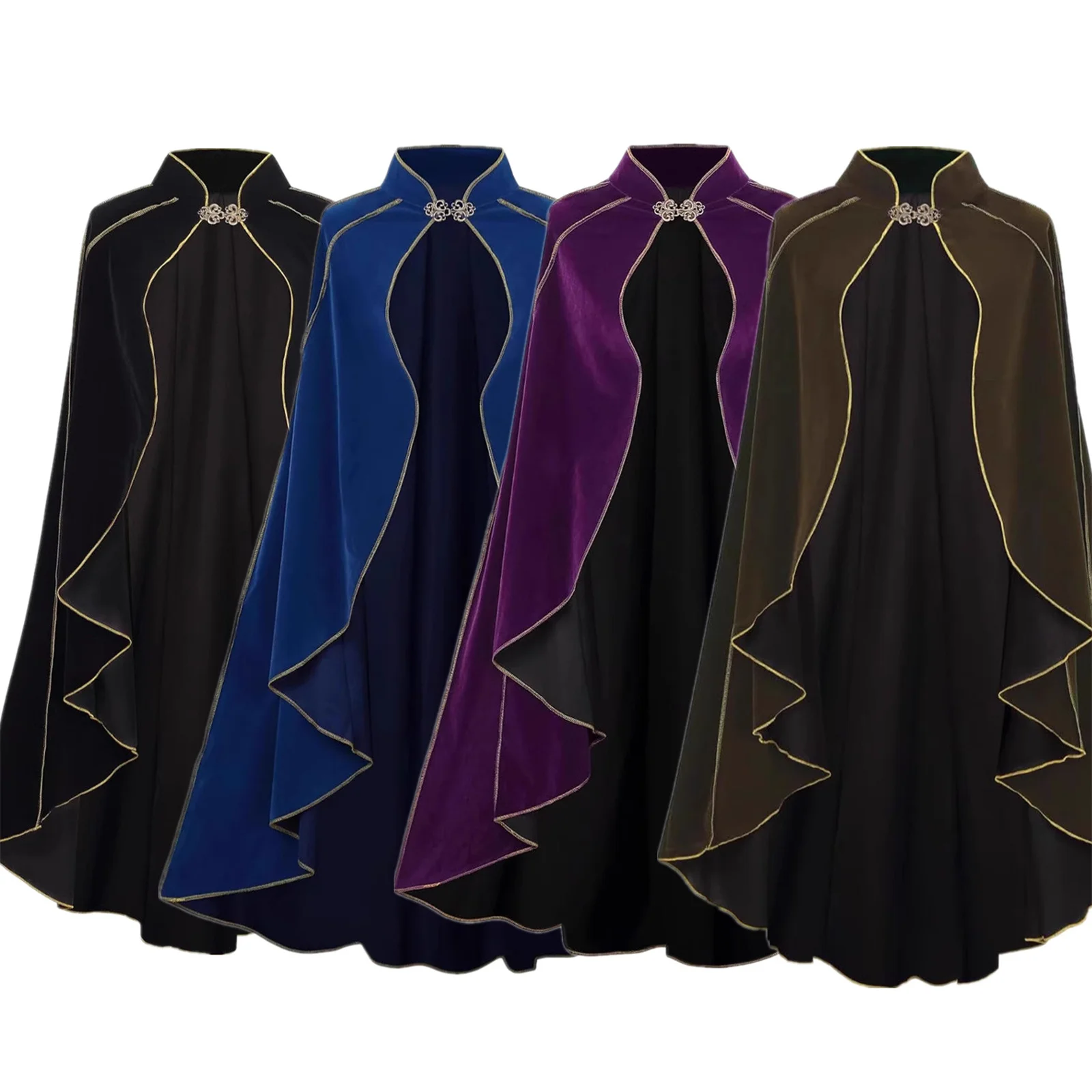 

Women Medieval Cloak Stand Collar Deluxe Velvet Gold Trim Cape for Adult Christmas Halloween Paty