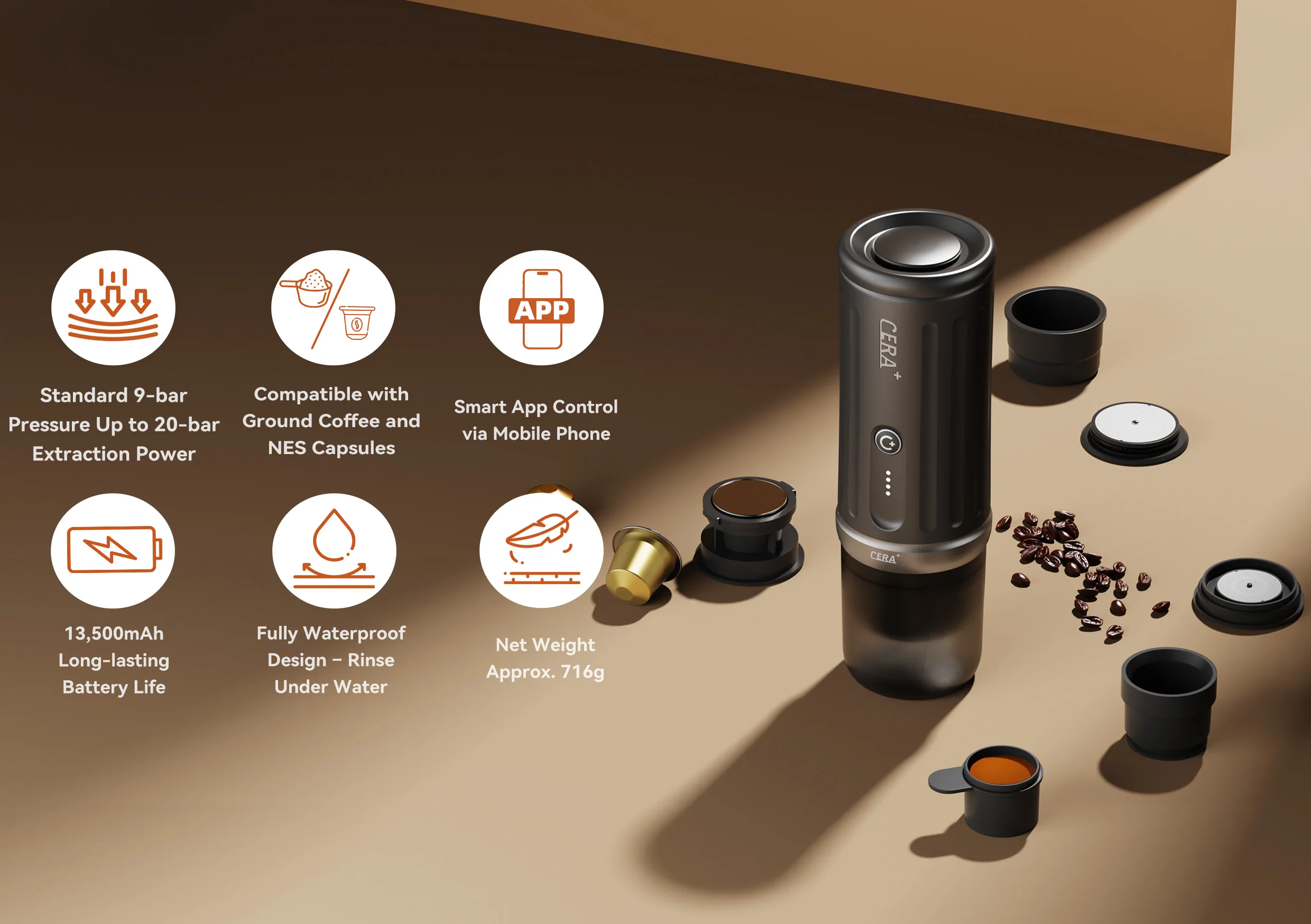 CERA+ PCM03S Fully Automatic Electric USB Portable Coffee Machine Set With Grinder Coffee Pod & Powder Compatible