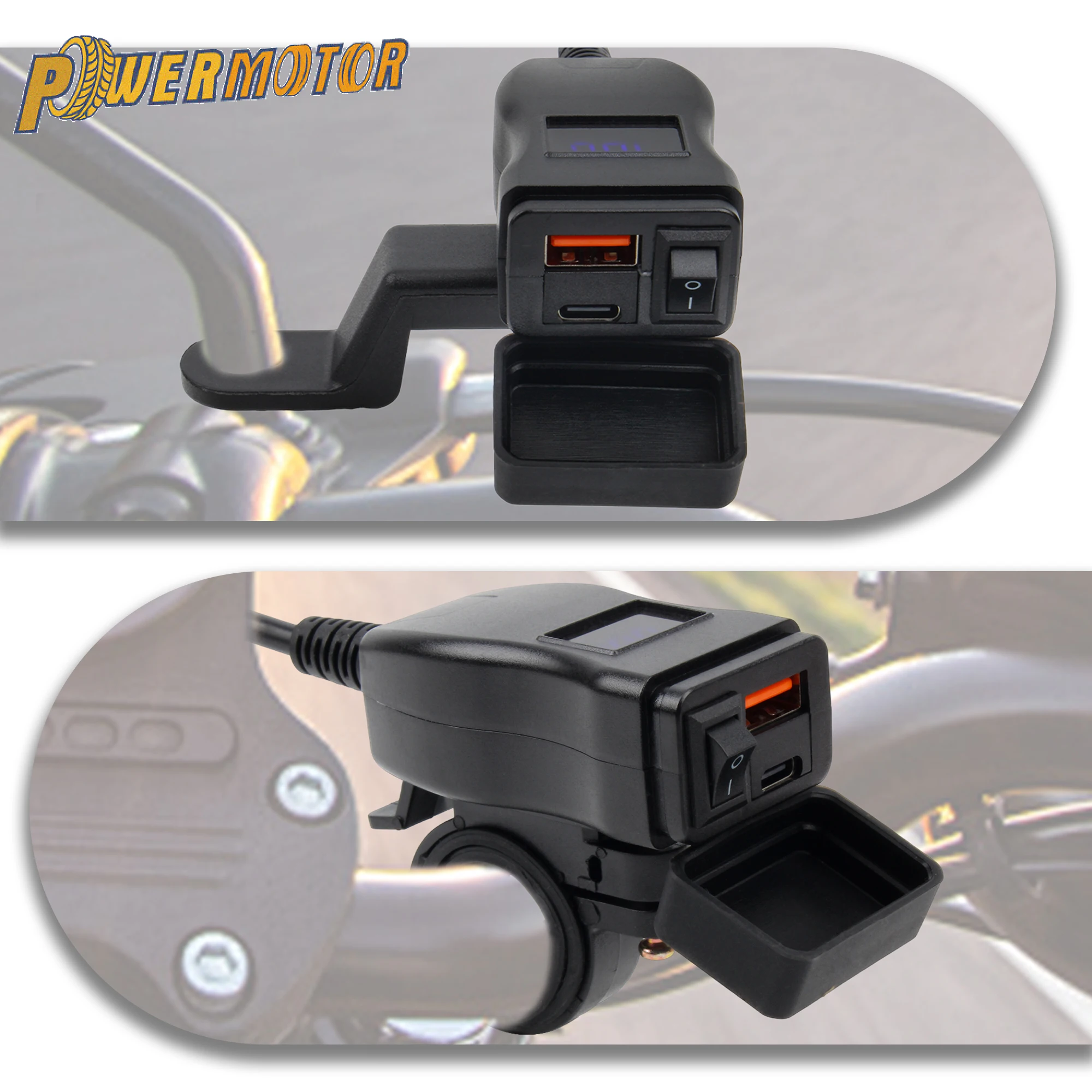 

PD+QC3.0 Motorcycle USB Fast Charger 60W USB Type C Socket with Switch Digital Voltmeter Waterproof 12V Power Supply Adapter
