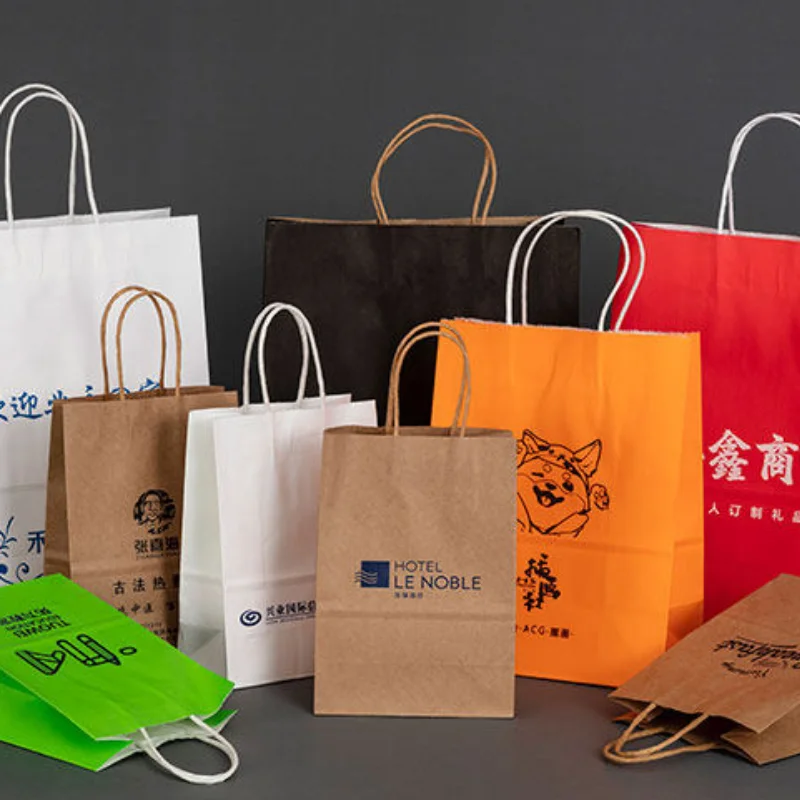 50pcs Kraft Paper Bags Handbags Milk Tea Takeaway Cosmetics Clothing Store Gift Packaging Bags Custom Printed Logo view 3
