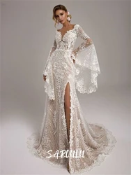 Bohemian Wedding Dress for Women, Long Flare Sleeves, Side Slit, Champagne Lining Bride Dresses Boho Bridal Gown Custom Make