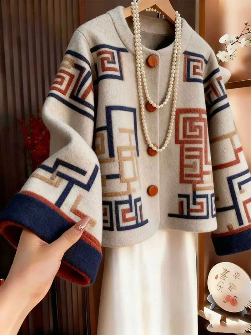 

Новая элитная модная шерстяная куртка с принтом для женщин: элегантная, повседневная, свободного кроя, с длинными рукавами, круглым вырезом, на одной пуговице