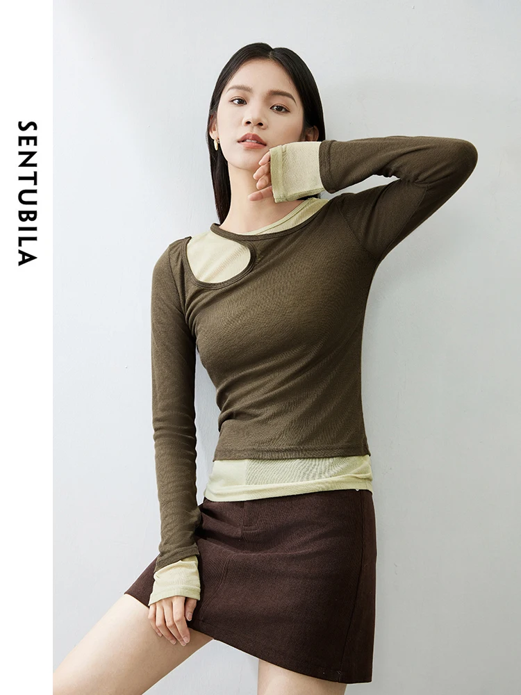 SENTUBILA Contrast Spliced Slim Pullover Women's Sweater 2024 Spring Comfort 2 in 1 Long Sleeve Knit Top Woman Clothes 141H53358