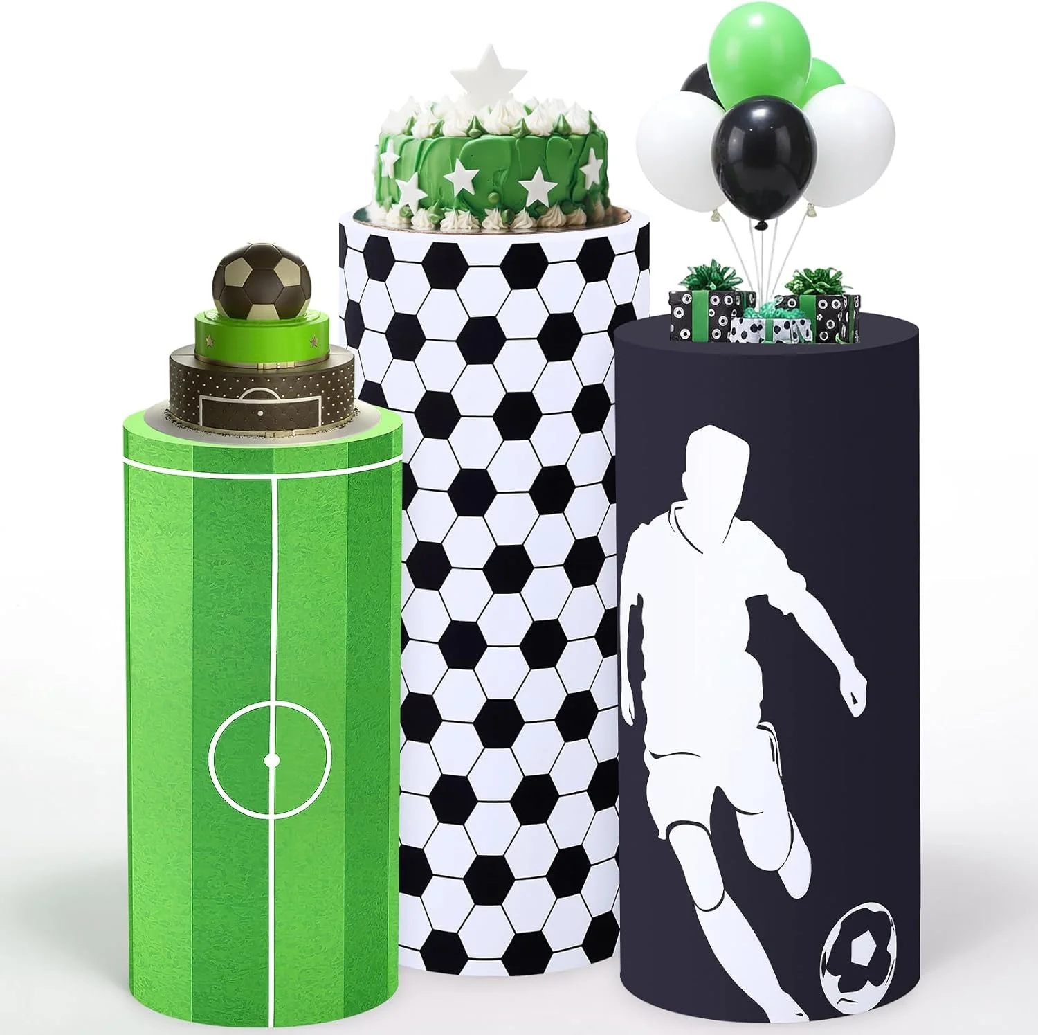 PHOTO Soccer Party Decorative Cylinder Covers Green and Black Striped Spandex Fabric Birthday Baby Shower Decoration
