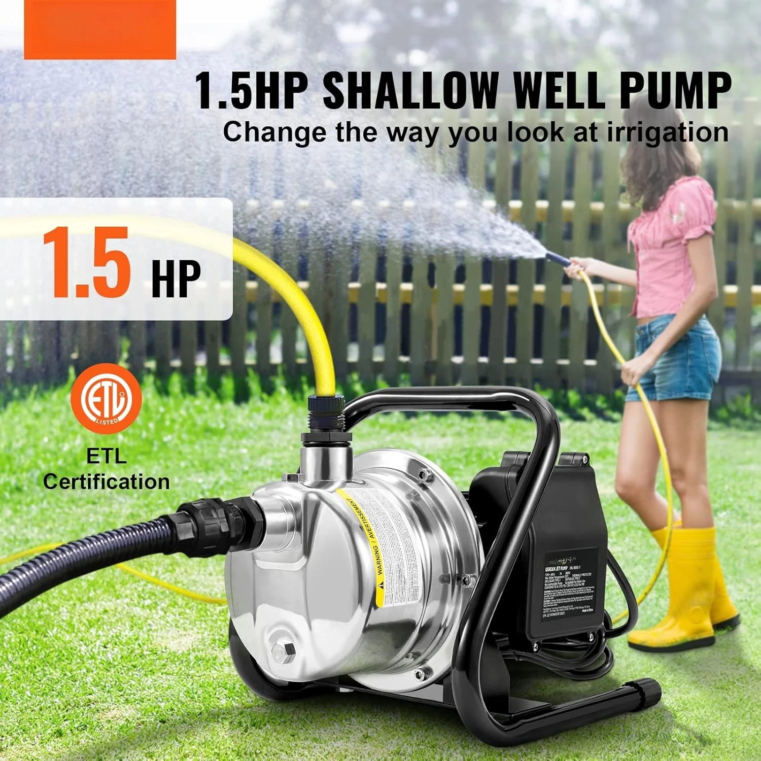 

1.5 HP Portable Shallow Well Pump, 1200 GPH Garden Jet Pump, 115V, 164 ft Height, Stainless Steel Sprinkler Booster Pumps
