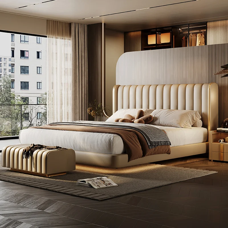 Suspended bed, leather, light luxury master bedroom, marriage bed, modern simple double bed, 2023 new piano key soft bed