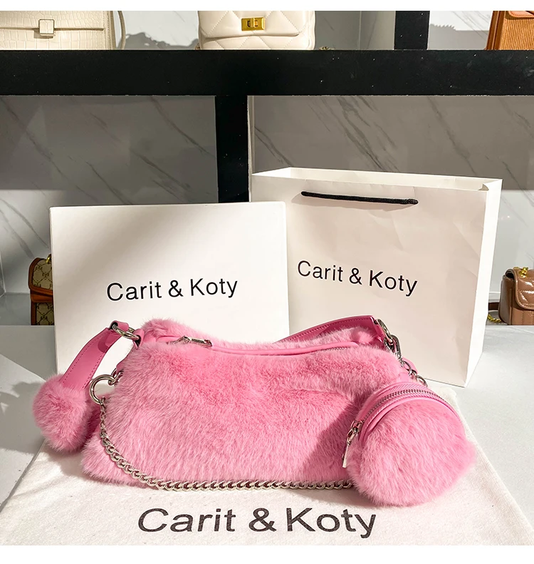 Autumn Winter Soft Faux Fur Pink Square Bag Fashion Women's Handbag Shoulder Underarm Bag Wedding Party Clutch Purse Armpit