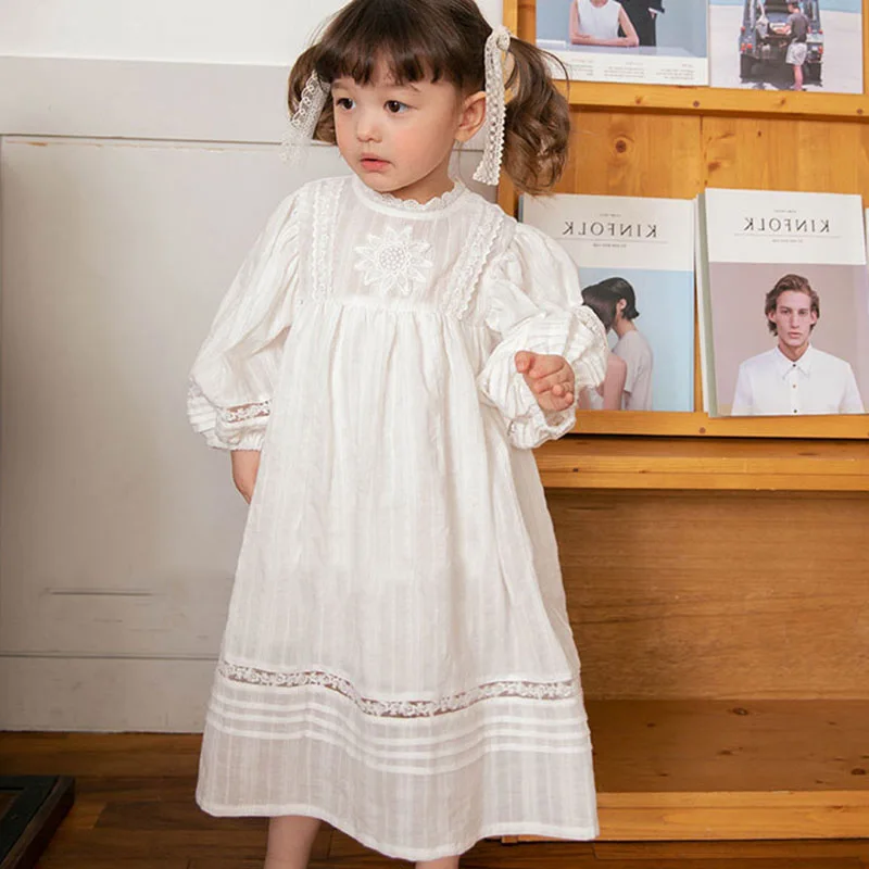 Vintage Kid Girl French Style Floral Embroidered Dress Baby Girl\'s Loose Pleat Dress Birthday Party Dresses Children Clothing 9T