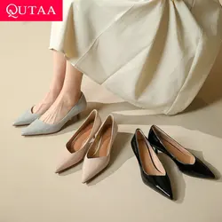 QUTAA 2024 Office Lady Women Pumps Med Heels Spring Summer New Genuine Leather Pointed Toe Shoes Woman Size 34-39