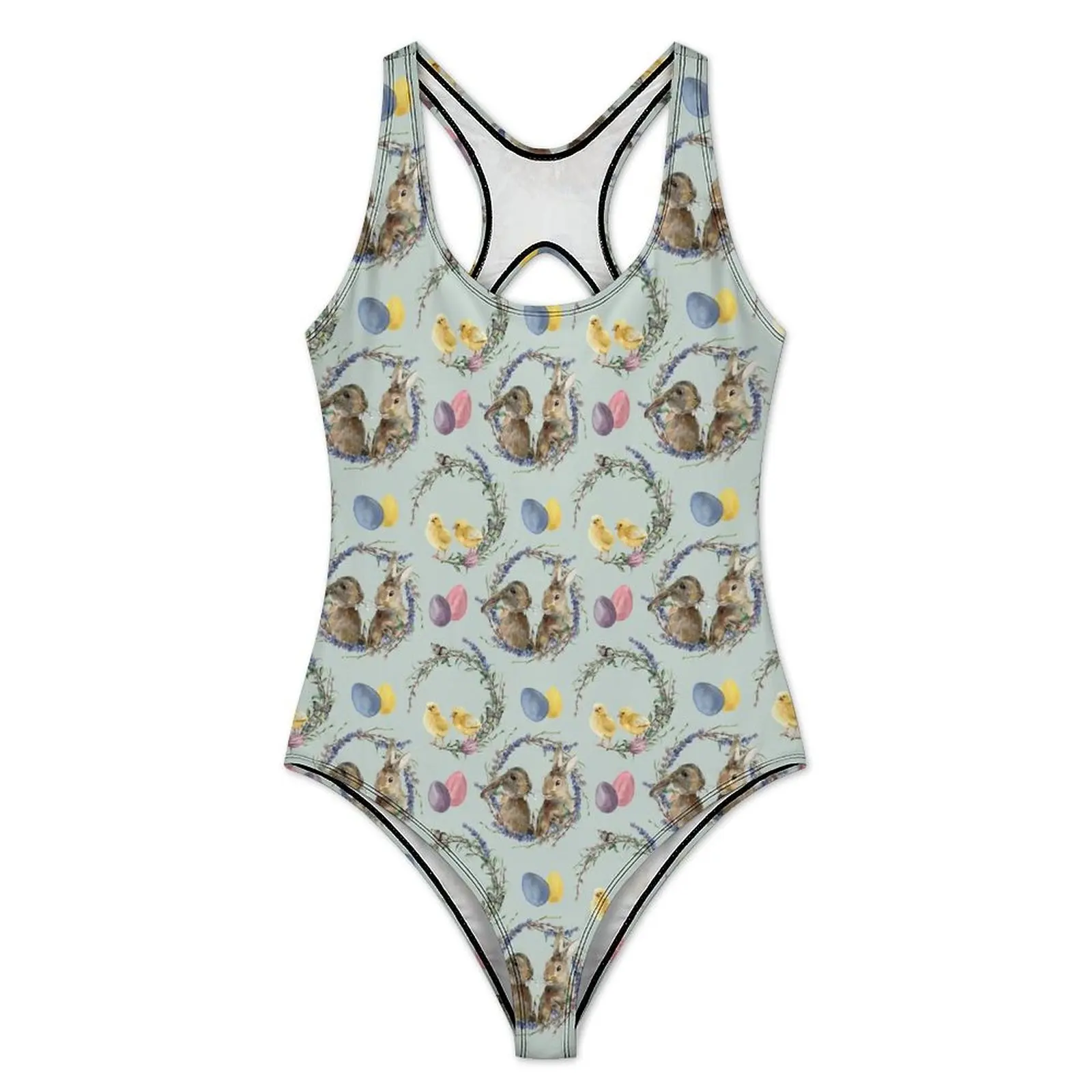 Easter Day Swimsuit Sexy Vintage Rabbit Print Female Swimwear One Piece Fashion Bodysuit Surf Push Up Sleeveless Bathing Suits