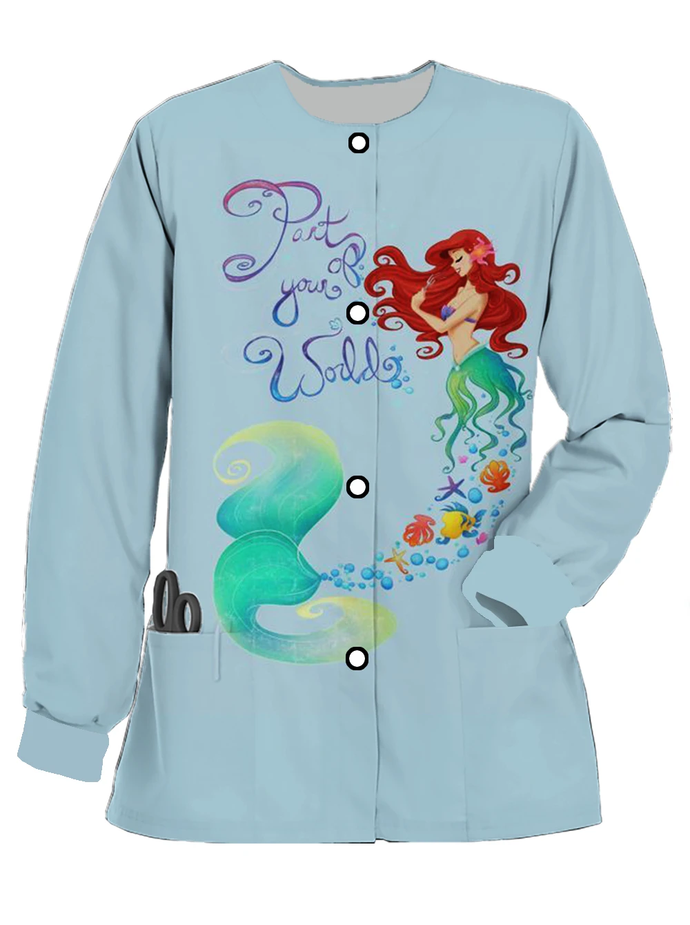 Hospital Nurse Uniform Women's Long Sleeve Pocket Top Disney Princess Series Printed Women's Florist Cafe Work Uniform