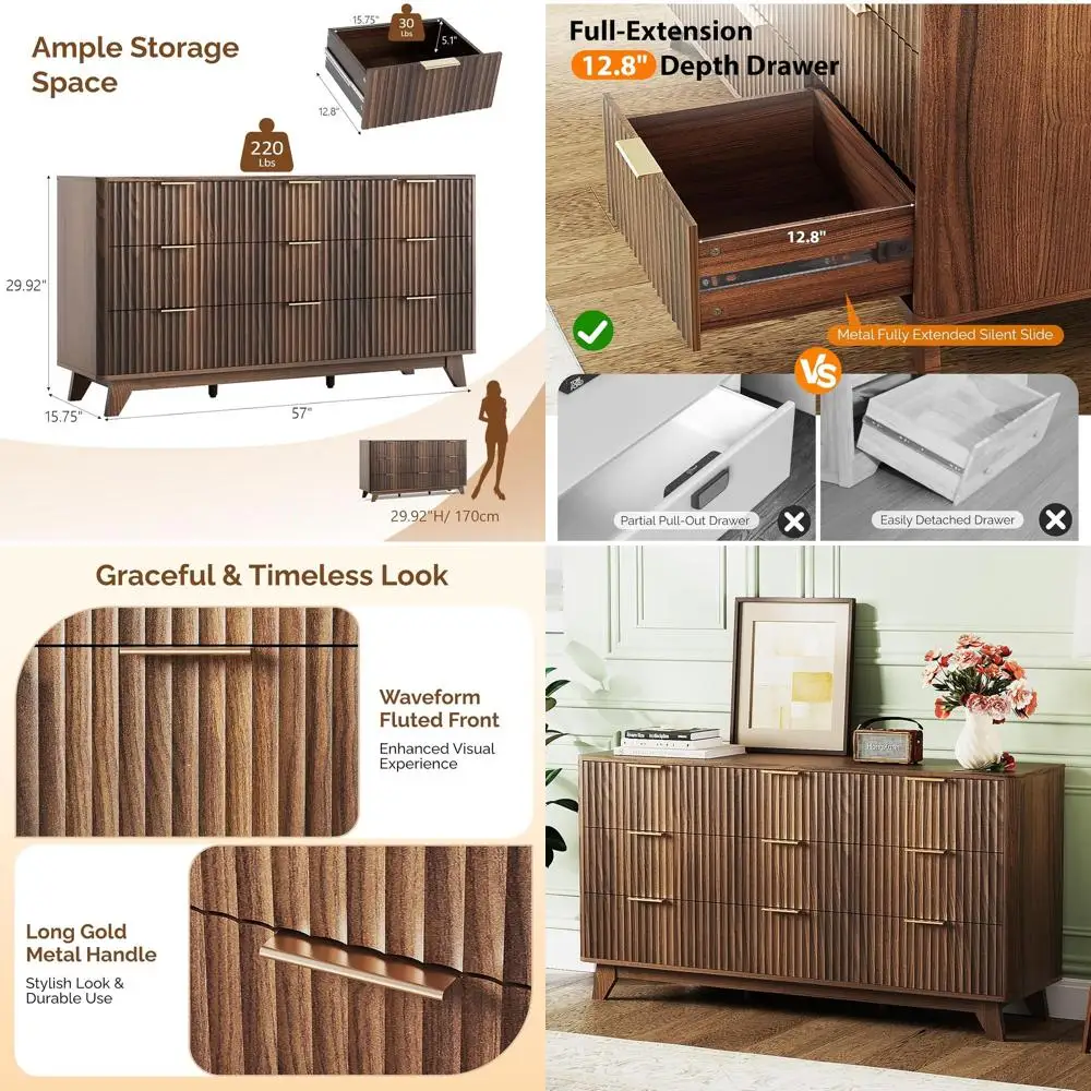 

Wide Walnut Drawer with Metal Handle, Curved Profile Design for Bedroom Storage