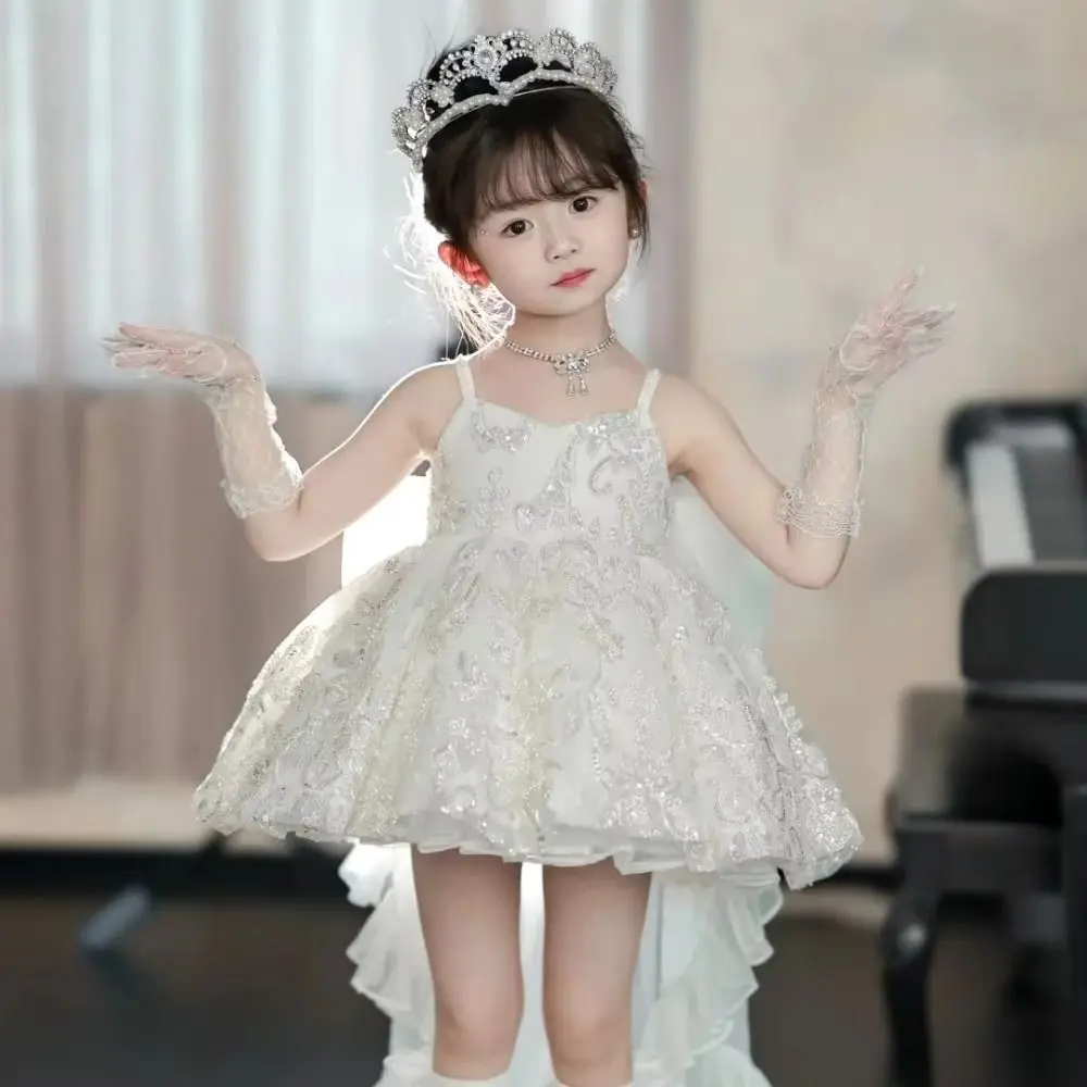 2 pares de guantes blancos de encaje para niños, guantes de princesa transpirables de malla con cinco dedos y diamantes de imitación brillantes para niñas