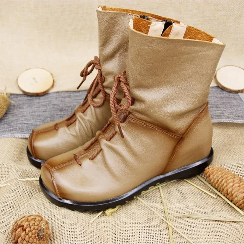 Vintage Women Boots Soft Cow Leather Shoes Women Ankle Boot Warm Plush Flat Booties Top Quality Winter Shoe Female Zapatos Mujer