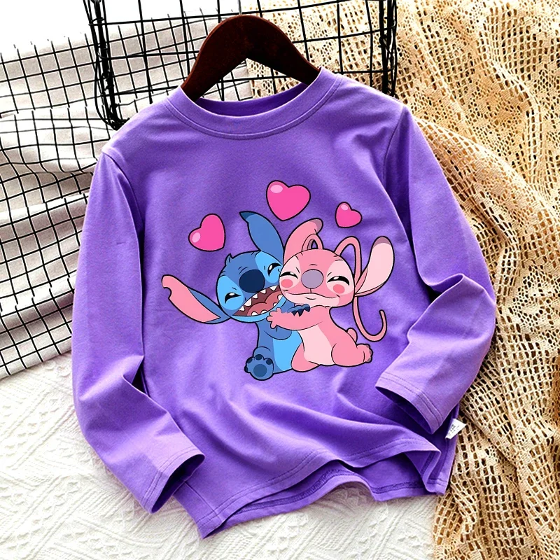 Disney Lilo&stitch Children T-shirt Cotton Tees Long Sleeve Base Coat Leisure Wear Boys Girls Cute Cartoon Tops Kids Clothes