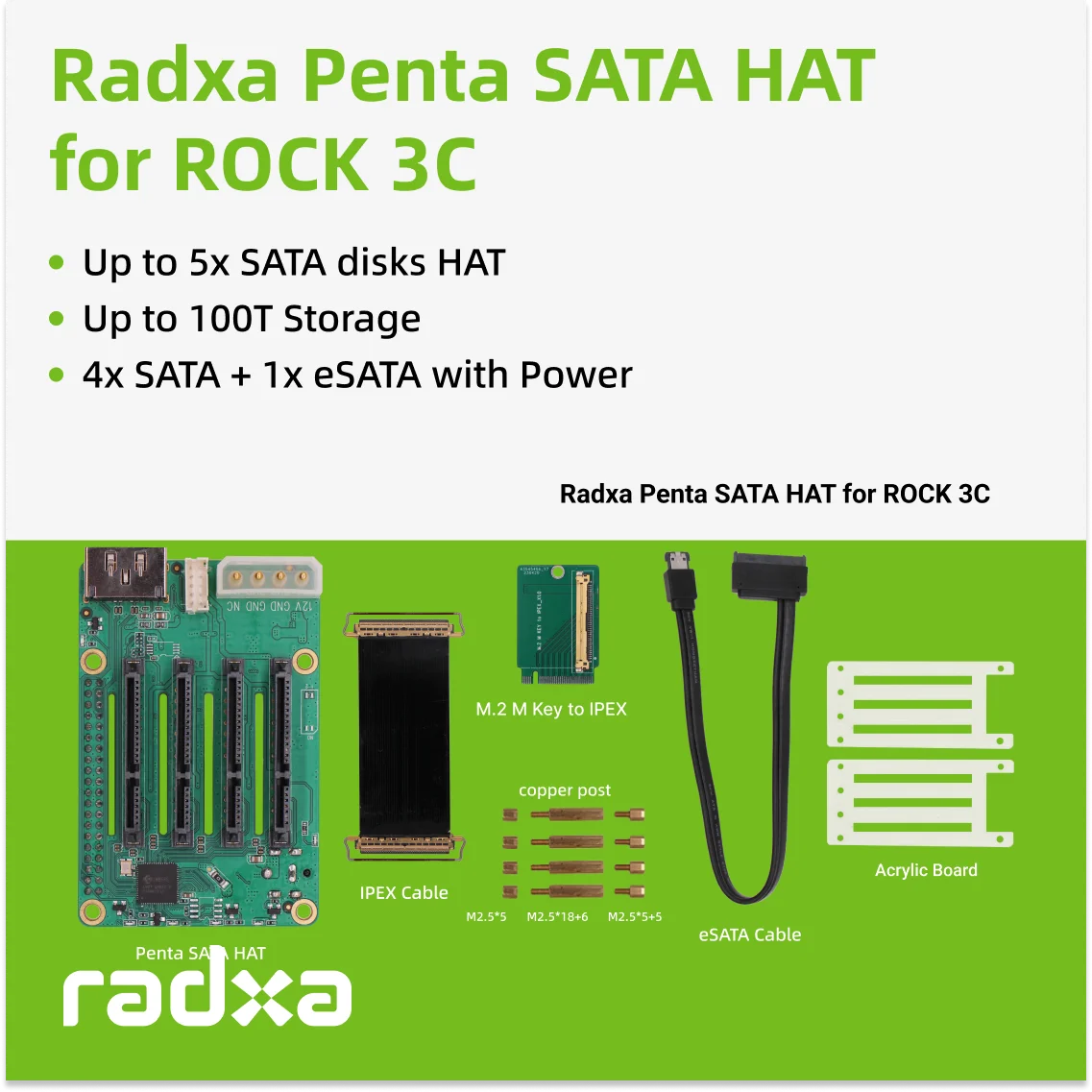 Cappello raxa Penta SATA-cappello con dischi SATA fino a 5x per Raspberry Pi 5 e ROCK Pi SBCs,3C,5A, 4A / 4B / 4SE / 4A + / 4B + / 3A