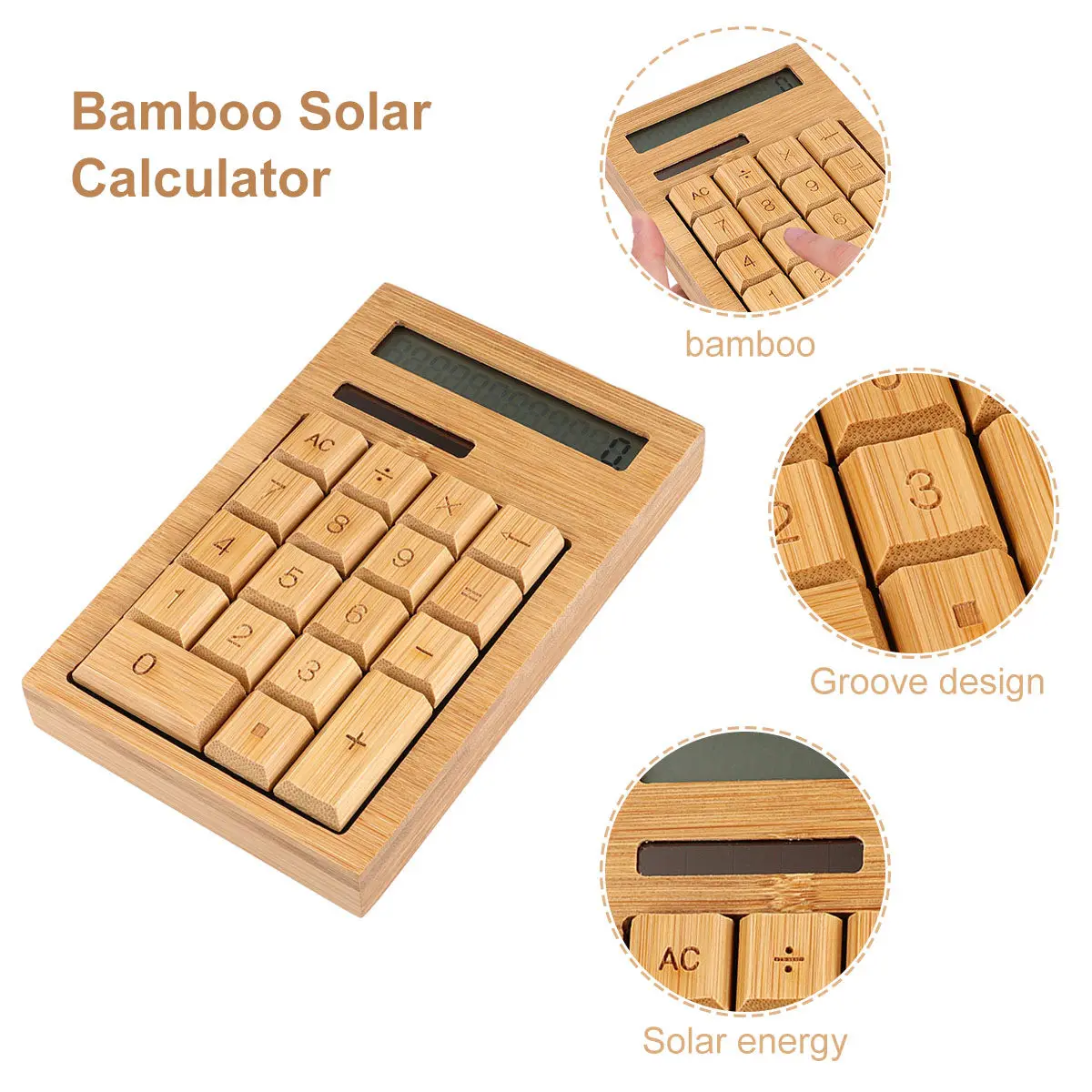 Solar Electronic Calculator Bamboo Material 18-Key Portable Compact Design Suitable for Office School Home Use Travel