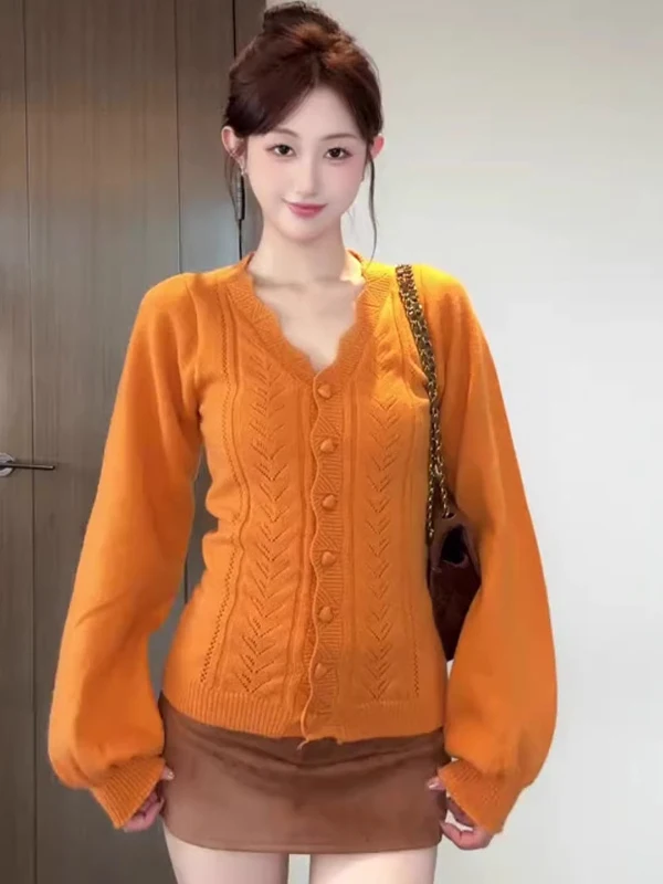

plus Size Orange Knitted Sweater V-Ne Hollow out Waist-Cinching Slimming Women's Top Korean Sle Commute Faion