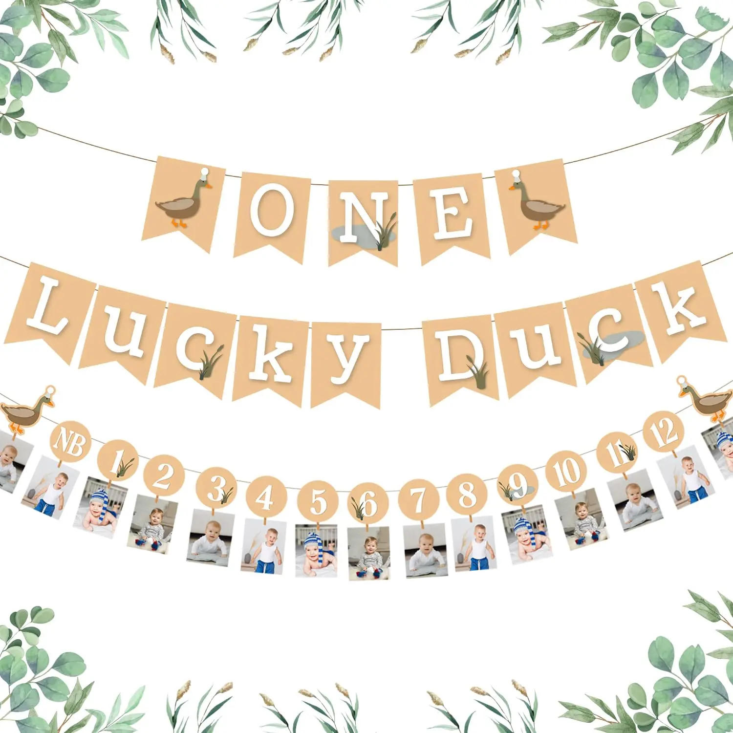 

Duck Themed 1st Birthday Party Decorations Monthly Milestone Photo Banner One Lucky Duck Banner from Newborn to 12 Months