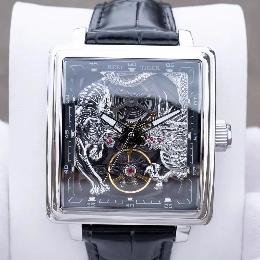 Reef Tiger Men Automatic Watch Fashion 39mm Square Mechanical Wristwatch Luminous Sapphire Wateproof Skeleton Dragon Tiger Dial