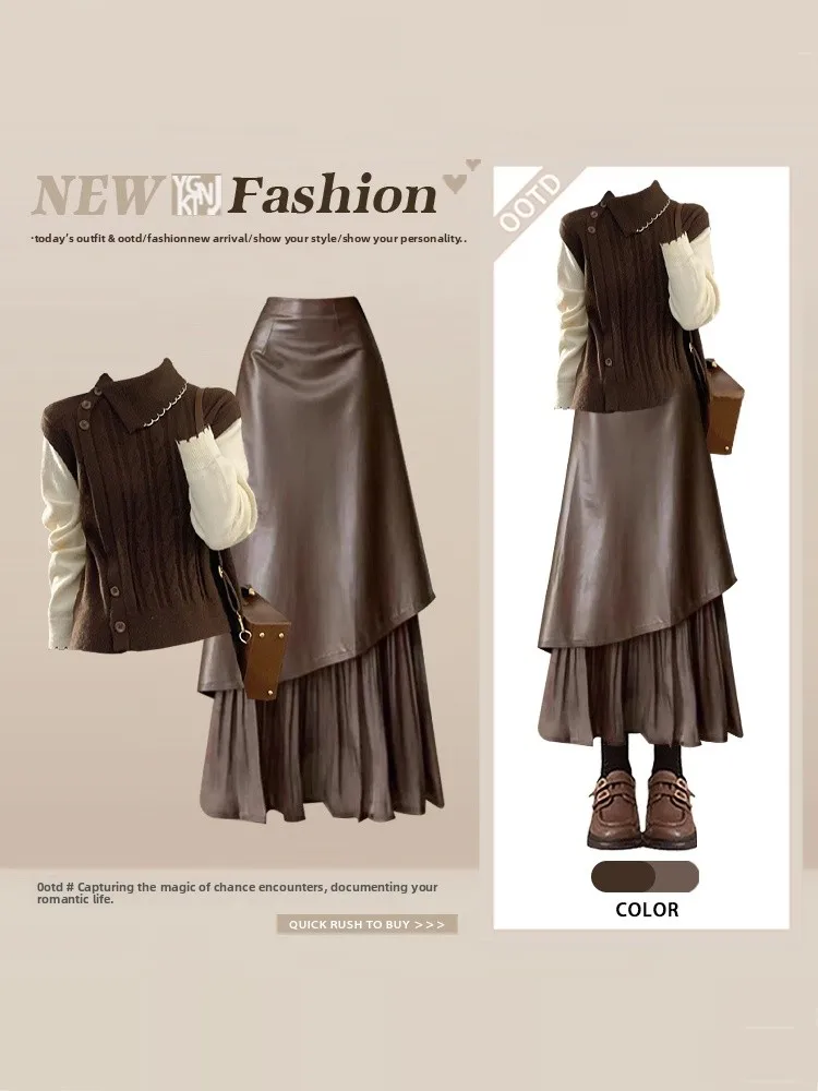 Retro Knitted High Waist Leather f Skirt Women's Winter Set Luxury Feel Casual Sle Long Sve Flip Collar Autumn Winter...