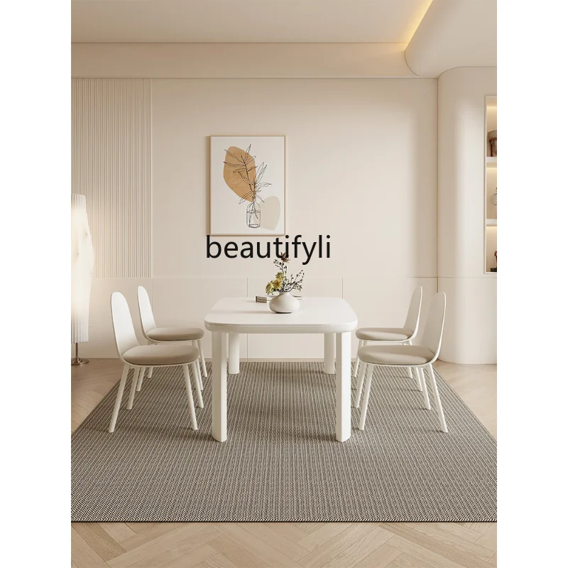 

Cream Style Solid Wood Dining Tables and Chairs Set Restaurant Small Apartment Simple Rectangular Stone Plate Dining Table