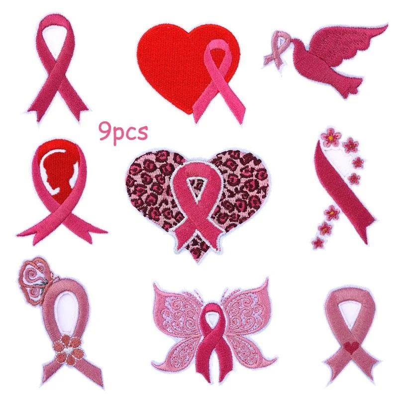 9Pcs Pink Ribbon Breast Cancer Awareness Sew Iron on Embroidered Patch Heart Butterfly  Applique DIY Crafts Gift for Women Girls