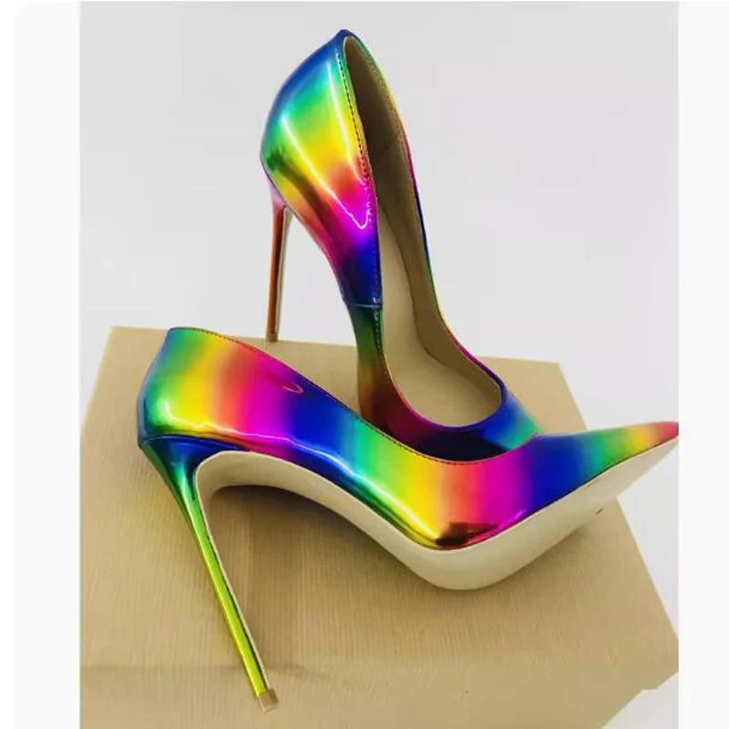 

Rainbow Gradient Patent Leather Shallow Slip On Pumps Women Pointed Toe Colorful Sexy 10 12 cm Stiletto Heel Party Shoes Lady
