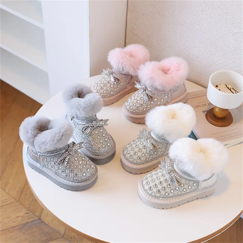 

Новые зимние детские зимние сапоги, кожаные теплые плюшевые блестящие детские туфли со стразами, нескользящие модные хлопковые сапоги для девочек, размеры 26–37 г.