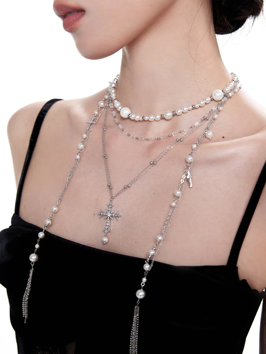 

Broken Urban Original Pearl Tassel Necklace Long Retro Stacked Cross Removable Long Chain