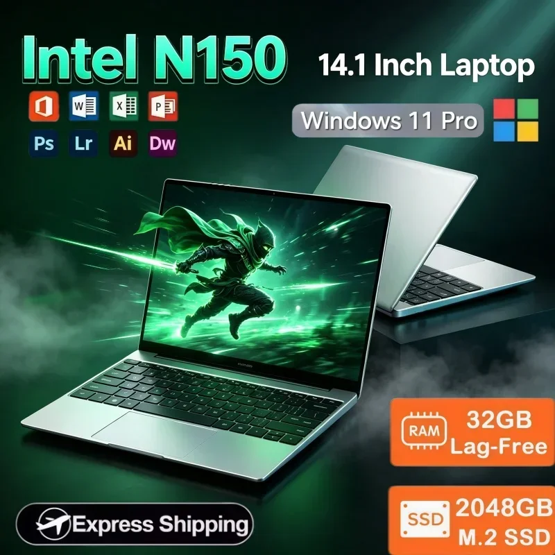 14.1 Inch Ultra Slim Fast Boot Laptop Intel N150 32GB RAM 2TB SSD Win11 For Student Office Work Gaming PC