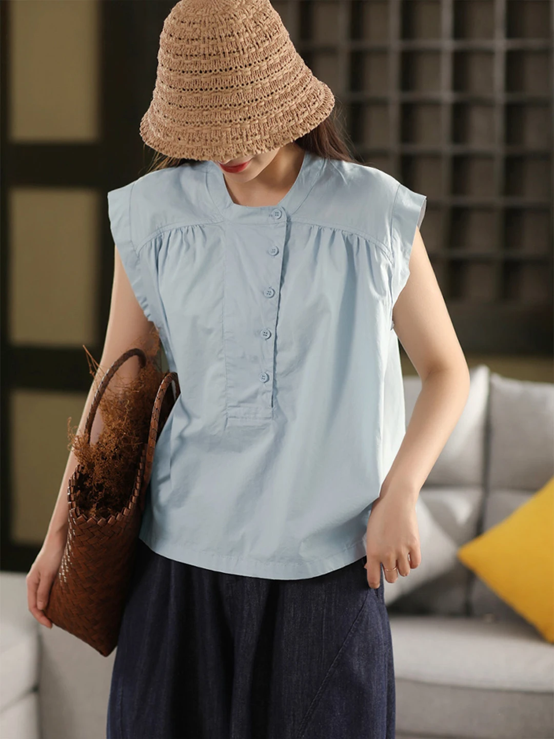 High-End Retro Svel Linen irt Women Summer Simple Elegance Loose Splicing Stand Collar Small Flng Sve Cotton Lin...